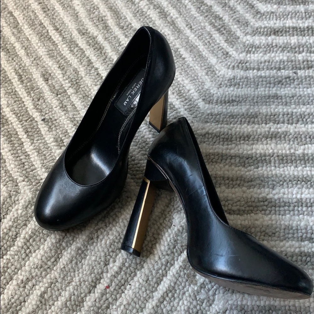 Derek Lam Black Leather Round Toe Heels with Gold Detail Size 7.5